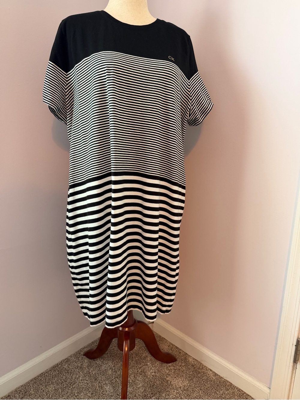 Calvin Klein Black and White Striped Tee-Style Dress